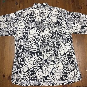 Iolani Hawaiian Shirt Floral Print Men's Large L Tropical Black & Cream/White